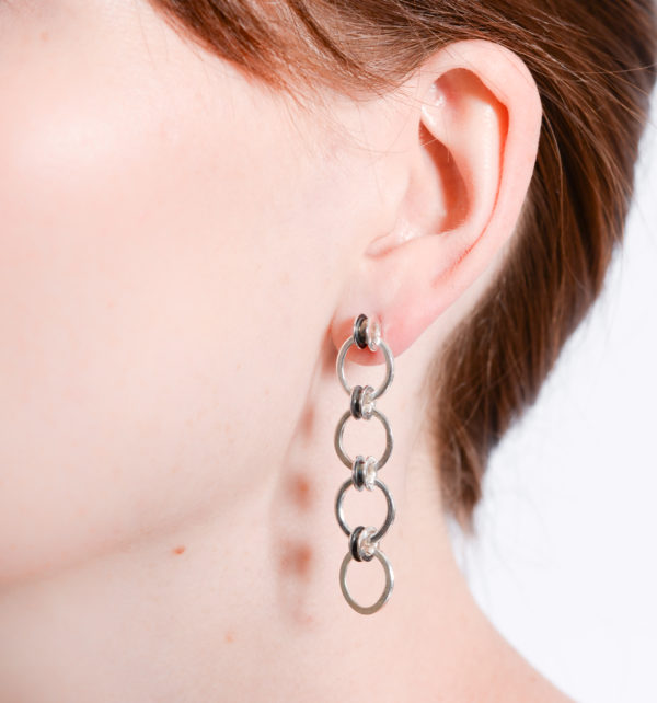 Silver multi link & loop drop stud with oxidised detail. - Image 2